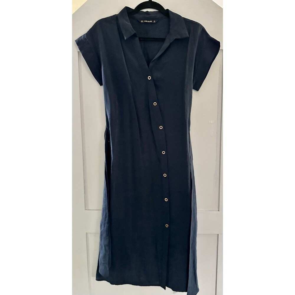 Zara Basic Navy Blue Button Down Short Sleeve Mid… - image 4
